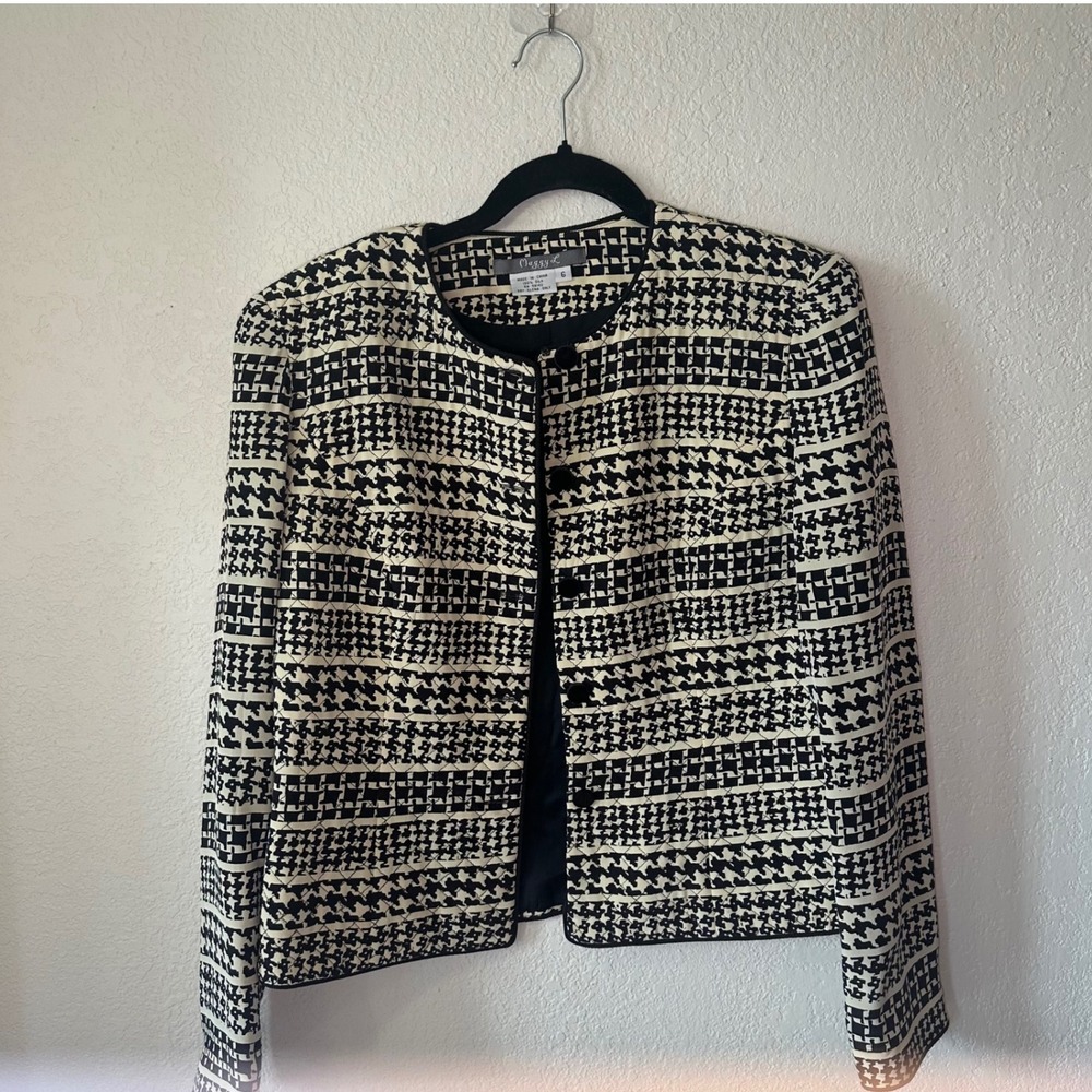 Maggie L 100% Silk Blazer Women's Size 6 Black Beige Houndstooth Career‎ Jacket